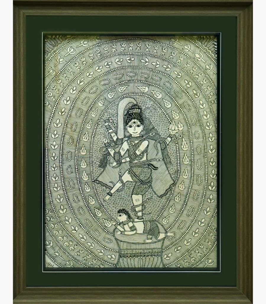 Vidhi Joshi - The Cosmic Tandava - Acrylic on Canvas A detailed monochromatic Madhubani style acrylic painting on canvas of Lord Shiva performing the Nataraja dance within concentric oval patterns by Vidhi Joshi.