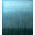 Original abstract turquoise painting Cerulean Mist by Virendra Kumar, featuring a gradient from light steel blue to deep dark teal with textured paint vertical runs in acrylic on canvas.