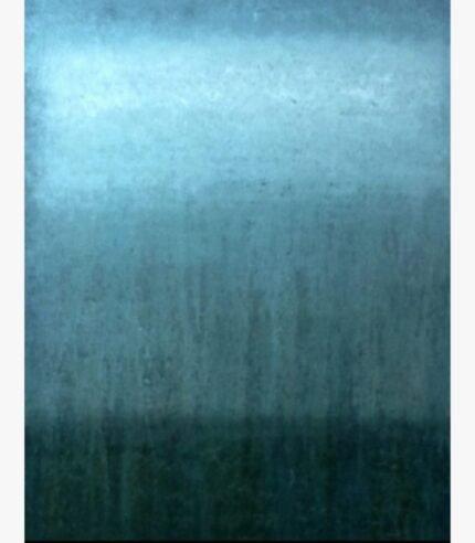 Original abstract turquoise painting Cerulean Mist by Virendra Kumar, featuring a gradient from light steel blue to deep dark teal with textured paint vertical runs in acrylic on canvas.