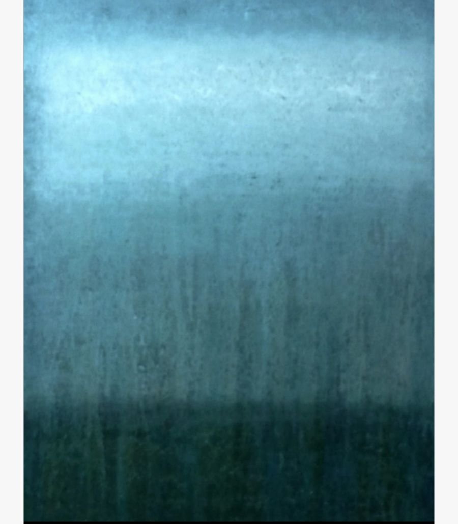 Virendra Kumar - Cerulean Mist - Acrylic on Canvas Original abstract turquoise painting Cerulean Mist by Virendra Kumar, featuring a gradient from light steel blue to deep dark teal with textured paint vertical runs in acrylic on canvas.