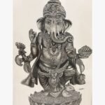 Original fine art charcoal drawing titled Divine Abundance by Sachi Patel showing an intricately detailed standing Lord Ganesha holding his axe and a bowl of modaks on a lotus pedestal.
