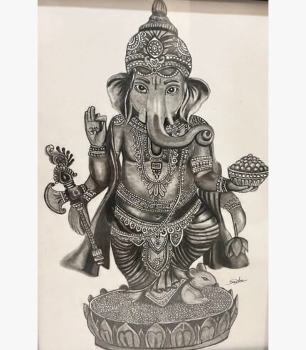 Original fine art charcoal drawing titled Divine Abundance by Sachi Patel showing an intricately detailed standing Lord Ganesha holding his axe and a bowl of modaks on a lotus pedestal.