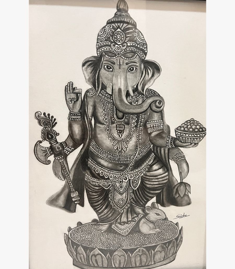 7 Original fine art charcoal drawing titled Divine Abundance by Sachi Patel showing an intricately detailed standing Lord Ganesha holding his axe and a bowl of modaks on a lotus pedestal.