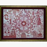 An intricate monochrome red line-art Madhubani style acrylic painting on canvas featuring a large central wheel with faces surrounded by mythological figures and animals by Vidhi Joshi.