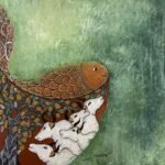 Illumination acrylic painting by Neha Jain featuring Gond style folk art with white cows, a golden textured fish, and a patterned tree against a textured green background.
