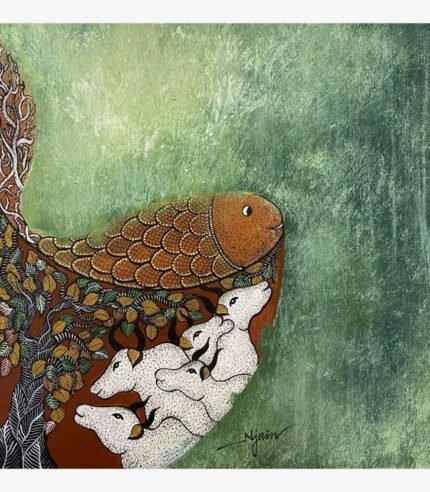 Illumination acrylic painting by Neha Jain featuring Gond style folk art with white cows, a golden textured fish, and a patterned tree against a textured green background.