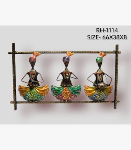 Handcrafted colorful Rajasthani folk musicians metal wall art panel featuring three standing figures with traditional turbans playing instruments inside a frame.