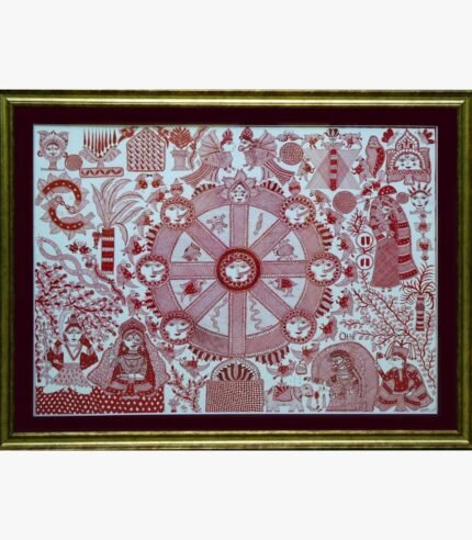 An intricate monochrome red line-art Madhubani style acrylic painting on canvas featuring a large central wheel with faces surrounded by mythological figures and animals by Vidhi Joshi.