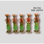 Handcrafted five-piece miniature Rajasthani folk musicians iron statue set featuring hand-painted traditional waistcoats and cultural instruments on round base plinths.