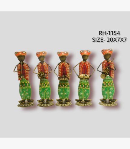 Handcrafted five-piece miniature Rajasthani folk musicians iron statue set featuring hand-painted traditional waistcoats and cultural instruments on round base plinths.