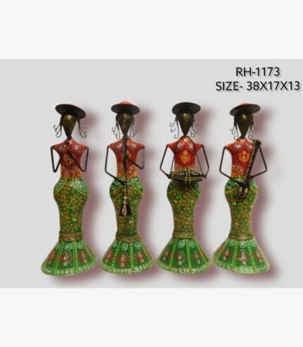 Handcrafted four-piece Rajasthani female musicians iron sculpture set featuring hand-painted green patterned skirts, orange bodices, and traditional folk instruments.