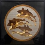 Handcrafted circular wood inlay marquetry wall art titled Aquatic Harmony featuring an intricate composition of swimming koi fish and dark sub-surface reflections made from natural timber veneers.