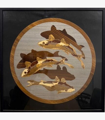 Handcrafted circular wood inlay marquetry wall art titled Aquatic Harmony featuring an intricate composition of swimming koi fish and dark sub-surface reflections made from natural timber veneers.