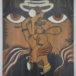 Handcrafted square wood inlay marquetry wall art titled Cosmic Tandava featuring the intense eyes of Lord Shiva with a dancing devotee figure, damru, and tripundra made from premium natural timber veneers.