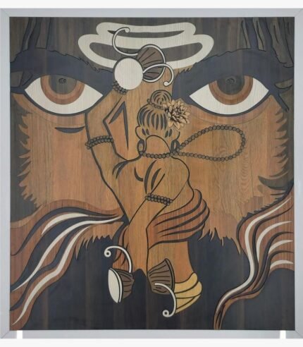 Handcrafted square wood inlay marquetry wall art titled Cosmic Tandava featuring the intense eyes of Lord Shiva with a dancing devotee figure, damru, and tripundra made from premium natural timber veneers.