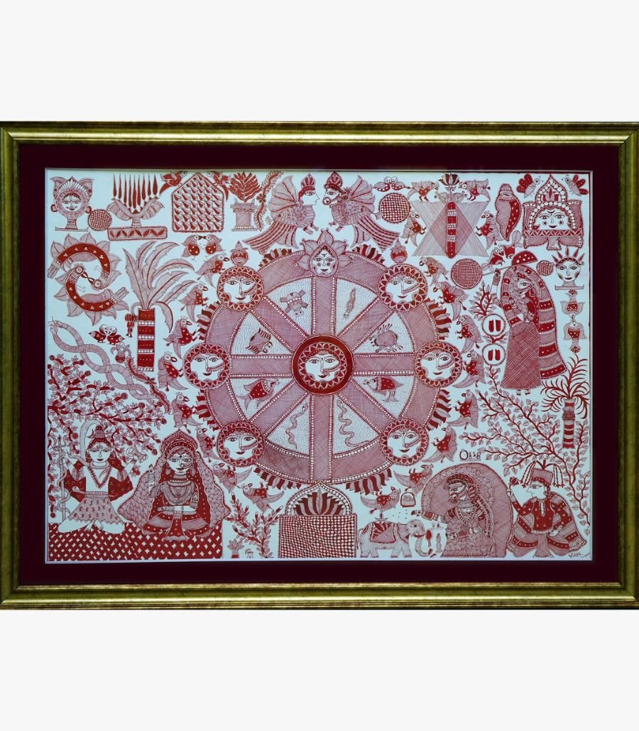 Vidhi Joshi - The Sacred Wheel of Life - Acrylic on Canvas An intricate monochrome red line-art Madhubani style acrylic painting on canvas featuring a large central wheel with faces surrounded by mythological figures and animals by Vidhi Joshi.