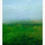 Original abstract landscape painting Verdant Mist by Virendra Kumar, featuring an ethereal pale blue sky fading into a heavily textured emerald and moss green valley in acrylic on canvas.