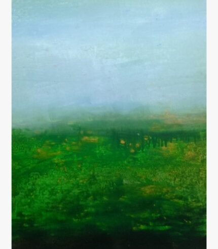 Original abstract landscape painting Verdant Mist by Virendra Kumar, featuring an ethereal pale blue sky fading into a heavily textured emerald and moss green valley in acrylic on canvas.
