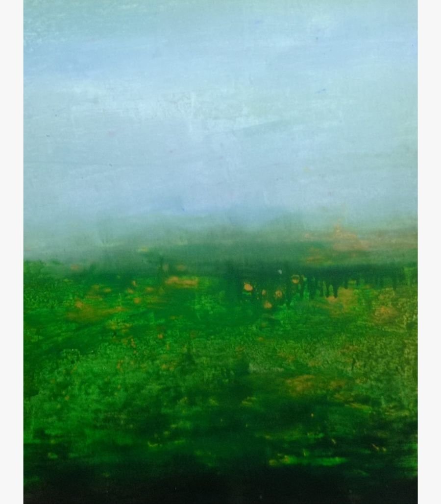 Virendra Kumar - Verdant Mist - Acrylic on Canvas Original abstract landscape painting Verdant Mist by Virendra Kumar, featuring an ethereal pale blue sky fading into a heavily textured emerald and moss green valley in acrylic on canvas.