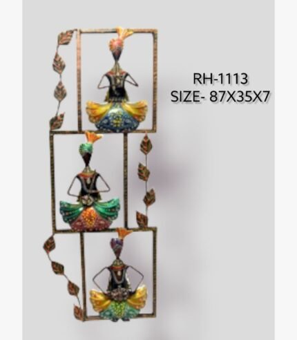 Handcrafted vertical tiered Rajasthani musicians metal wall art panel featuring three figures with traditional turbans in rectangular frames decorated with metallic leaves.