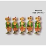 Handcrafted five-piece dancing Ganesha musicians iron statue set featuring hand-painted traditional attire and musical instruments on round base plinths.