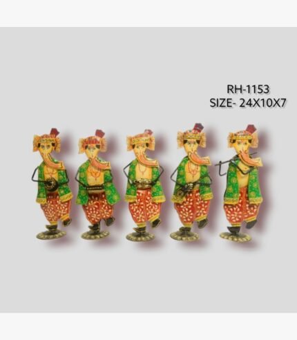 Handcrafted five-piece dancing Ganesha musicians iron statue set featuring hand-painted traditional attire and musical instruments on round base plinths.