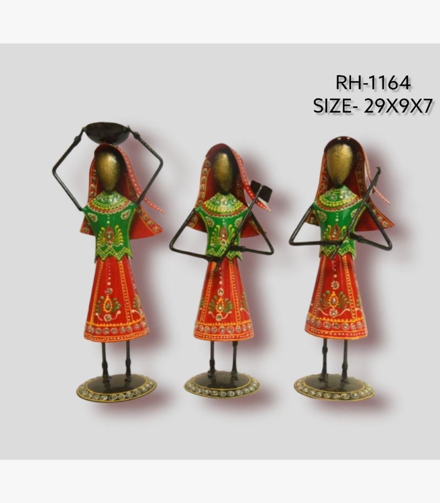 8 Handcrafted three-piece Rajasthani women performing daily chores iron sculpture set featuring hand-painted red ghagras and green cholis on round pedestal bases.