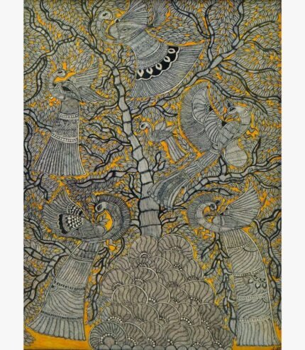 A detailed traditional Madhubani style acrylic painting on canvas featuring fine line-art peacocks perched on a dense tree against a vibrant yellow background by Vidhi Joshi.