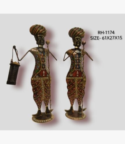 Handcrafted two-piece Rajasthani village guards iron sculpture set featuring hand-painted red patterned dhotis, multi-colored turbans, a staff, and a lantern.