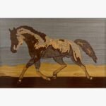 Handcrafted horizontal wood inlay marquetry wall art titled Equine Majesty featuring a trotting stallion made from natural timber veneers on a layered landscape background.