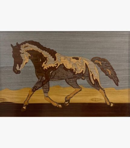 Handcrafted horizontal wood inlay marquetry wall art titled Equine Majesty featuring a trotting stallion made from natural timber veneers on a layered landscape background.