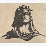 Handcrafted traditional Adiyogi Shiva stone inlay panel titled Divine Adiyogi featuring a dark textured granite bust of Lord Shiva with a crescent moon, snake, and rudraksha mala on a light sandstone background panel.