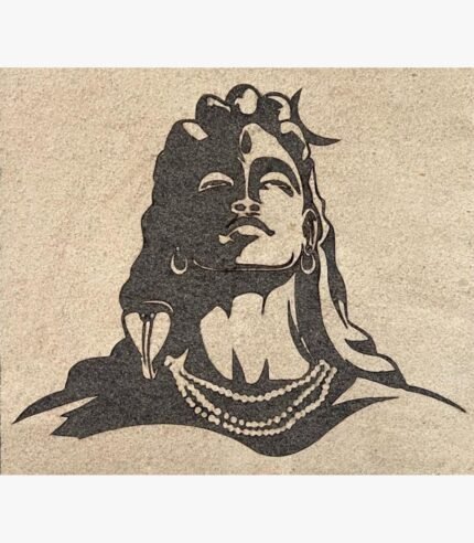 Handcrafted traditional Adiyogi Shiva stone inlay panel titled Divine Adiyogi featuring a dark textured granite bust of Lord Shiva with a crescent moon, snake, and rudraksha mala on a light sandstone background panel.