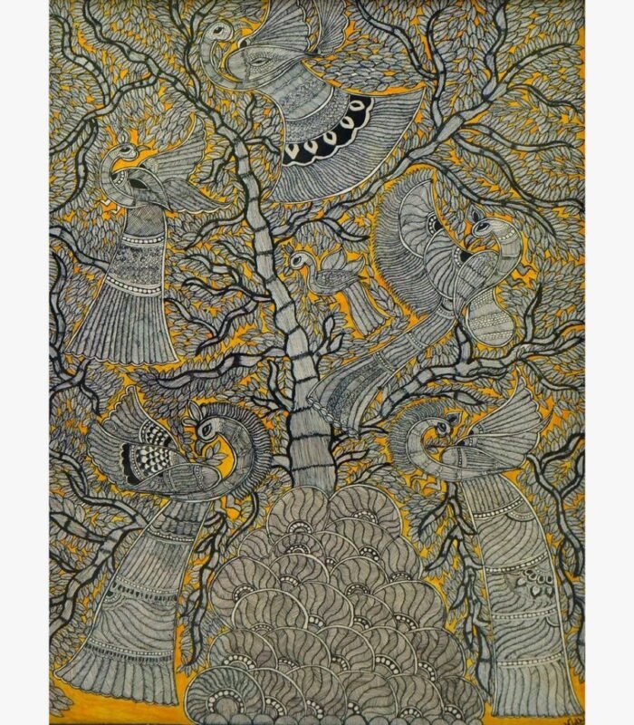 A detailed traditional Madhubani style acrylic painting on canvas featuring fine line-art peacocks perched on a dense tree against a vibrant yellow background by Vidhi Joshi.