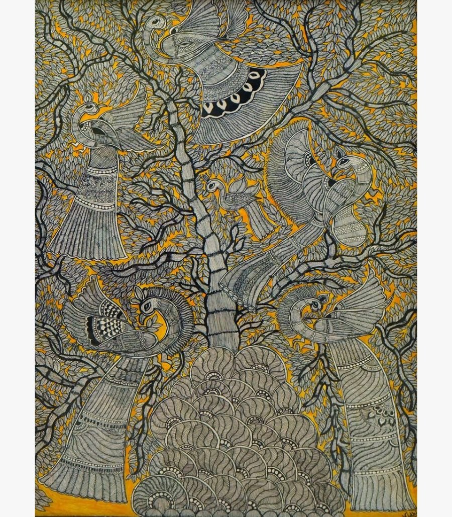 A majestic symphony of dancing peacocks intertwined within the eternal, sheltering branches of heritage A detailed traditional Madhubani style acrylic painting on canvas featuring fine line-art peacocks perched on a dense tree against a vibrant yellow background by Vidhi Joshi.