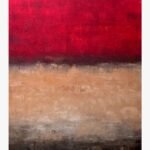 Original abstract landscape expressionist painting Crimson Earth by Virendra Kumar, featuring bold bands of vivid ruby red, warm beige tan, and dark textured charcoal black in acrylic on canvas.