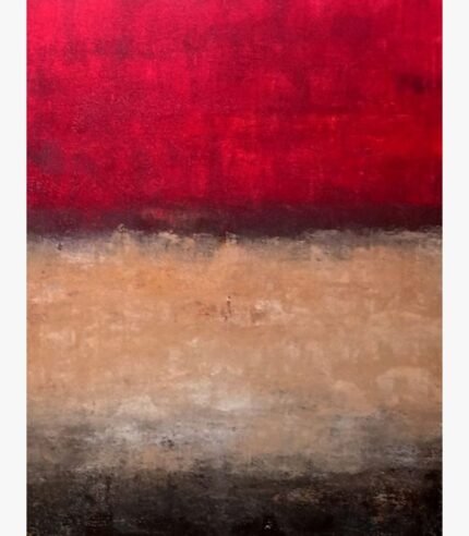 Original abstract landscape expressionist painting Crimson Earth by Virendra Kumar, featuring bold bands of vivid ruby red, warm beige tan, and dark textured charcoal black in acrylic on canvas.