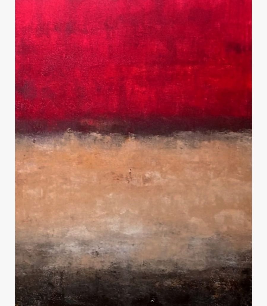 Virendra Kumar - Crimson Earth - Acrylic on Canvas Original abstract landscape expressionist painting Crimson Earth by Virendra Kumar, featuring bold bands of vivid ruby red, warm beige tan, and dark textured charcoal black in acrylic on canvas.