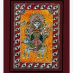 A traditional Madhubani style acrylic painting on canvas of Goddess Durga riding her lion vehicle against a yellow background filled with Devanagari script mantras by Vidhi Joshi.