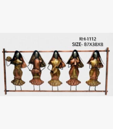 Handcrafted metal wall art frame featuring five traditional Indian women musicians with veils playing folk instruments within an iron panel.