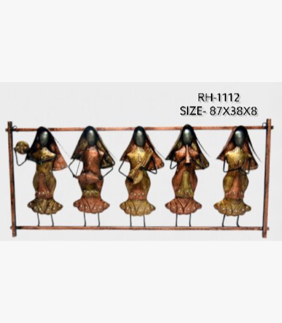 9 Handcrafted metal wall art frame featuring five traditional Indian women musicians with veils playing folk instruments within an iron panel.