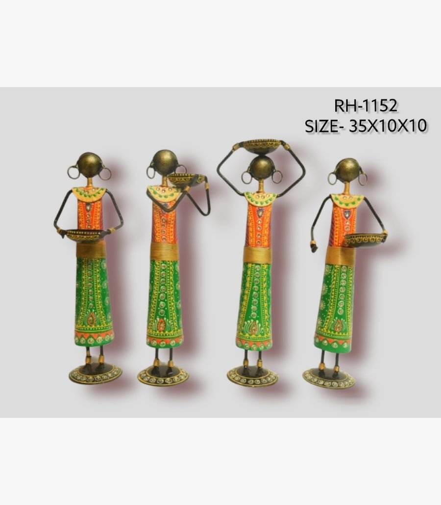 9 Handcrafted four-piece standing Rajasthani women tribal iron statue set featuring hand-painted traditional clothing and decorative ritual bowls on round base plinths.