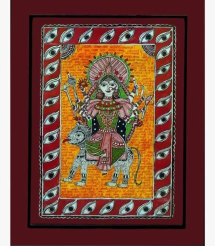 A traditional Madhubani style acrylic painting on canvas of Goddess Durga riding her lion vehicle against a yellow background filled with Devanagari script mantras by Vidhi Joshi.