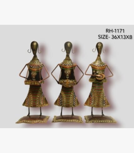 Handcrafted three-piece Rajasthani tribal women musicians iron sculpture set featuring hand-painted patterned chaniya choli skirts, traditional folk instruments, and rectangular bases.