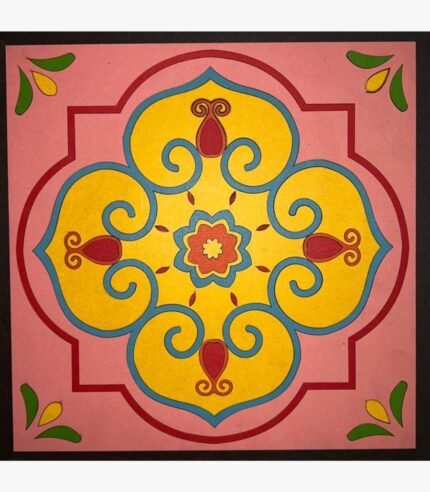 Handcrafted 3D layered wooden mandala tile plaque titled Vintage Floral Emblem featuring a symmetrical yellow quatrefoil, light blue scrollwork, and crimson accents on a pastel pink background panel.