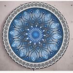 Handcrafted circular 3D layered wooden mandala panel titled Sapphire Resonance featuring intricate geometric laser-cut petals in gradient shades of blue, grey, and white.