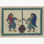 Traditional Indian folk art painting by Chanchal Soni depicting two tribal women churning buttermilk using a rope and pot, executed in colorful acrylic on paper.