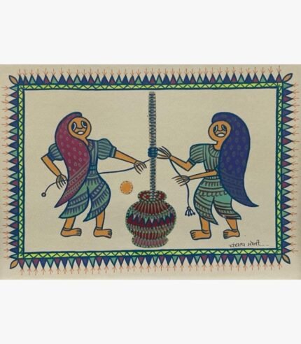 Traditional Indian folk art painting by Chanchal Soni depicting two tribal women churning buttermilk using a rope and pot, executed in colorful acrylic on paper.