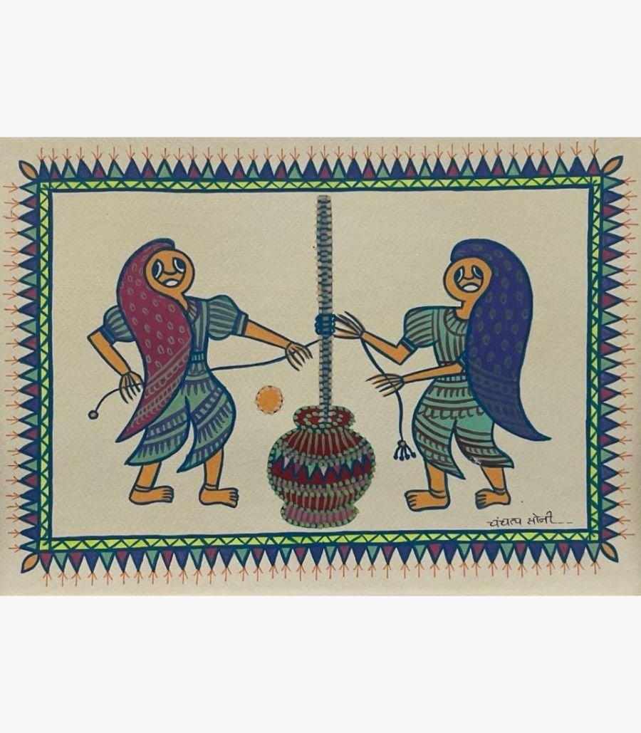 Chanchal Soni - Rhythm of the Churn - Acrylic on Paper Traditional Indian folk art painting by Chanchal Soni depicting two tribal women churning buttermilk using a rope and pot, executed in colorful acrylic on paper.