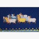 Traditional Pichwai painting of sacred cows adorned with orange handprints and ornate jewelry under a starry night sky by artist Chanchal Soni.